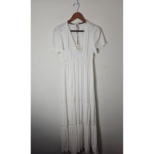 Knox Rose Women Dress Sz S White Maxi A Lined Boho Crochet Smocked Short Sleeve